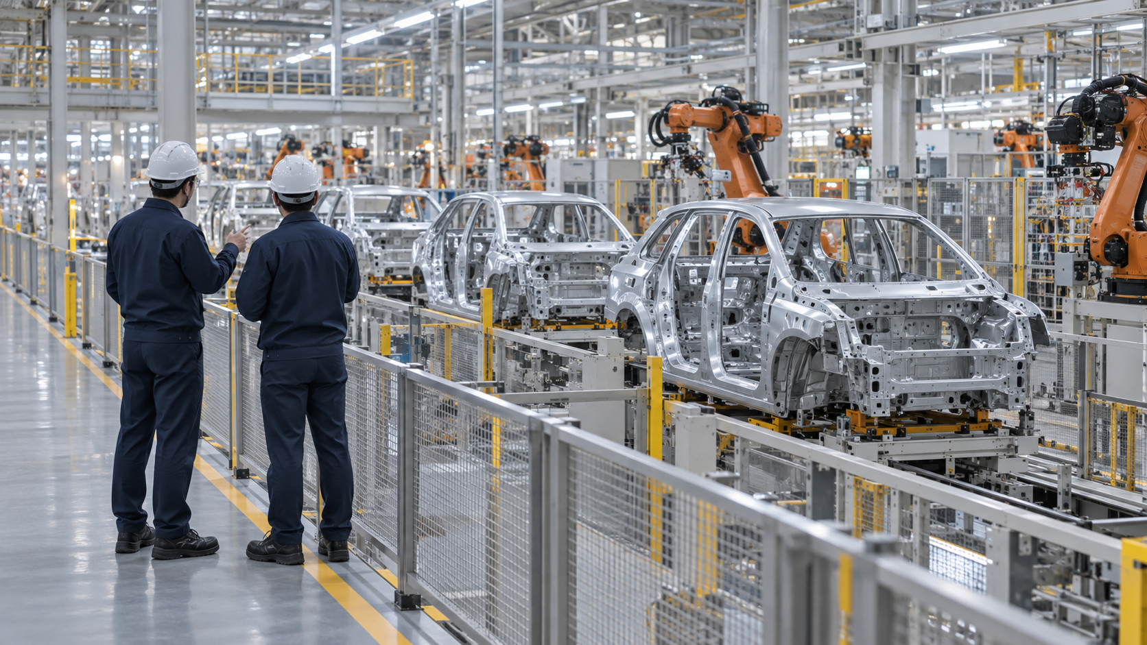 車体製造の現場で仕事を確認するスタッフのイメージ